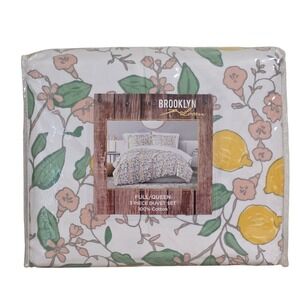 Brooklyn Loom Lemon Floral 3 Piece Duvet Set Full Queen 100% Cotton White Yellow